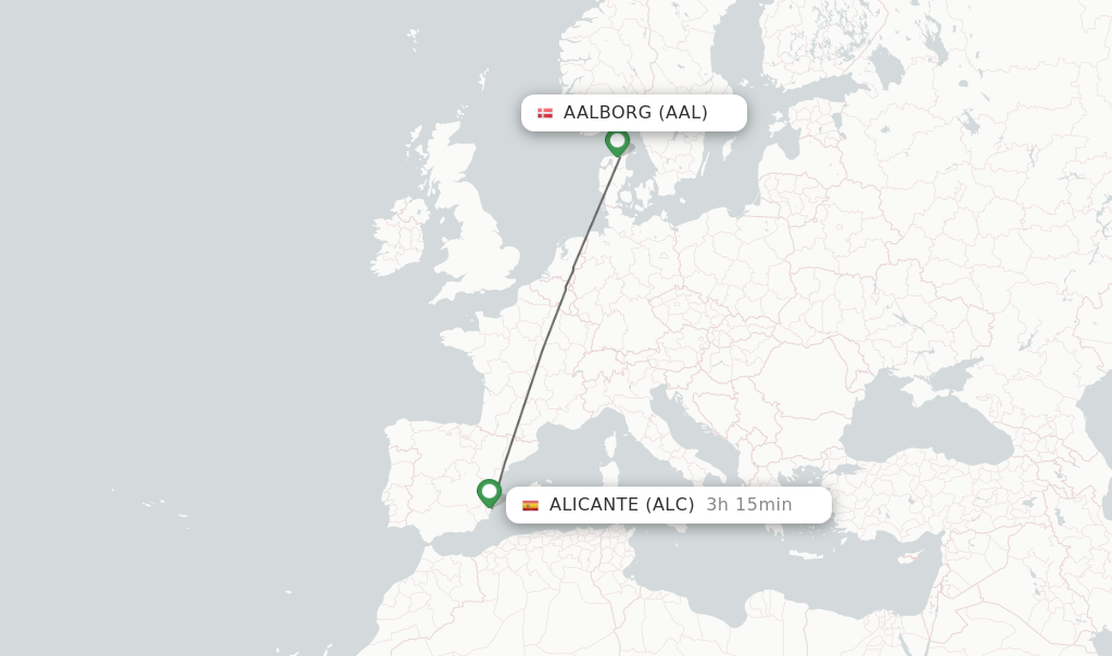 Flights from Aalborg to Alicante route map