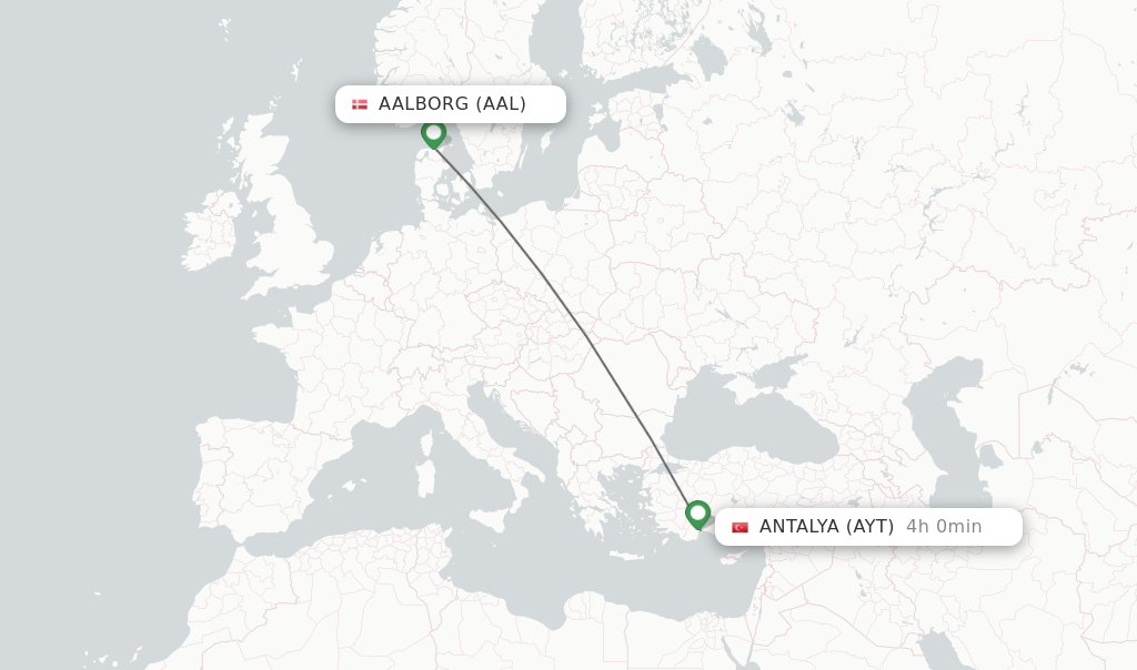 Flights from Aalborg to Antalya route map