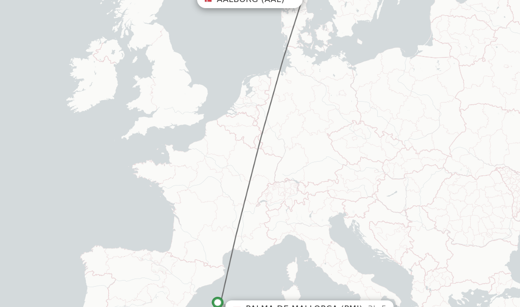 Flights from Aalborg to Palma de Mallorca route map