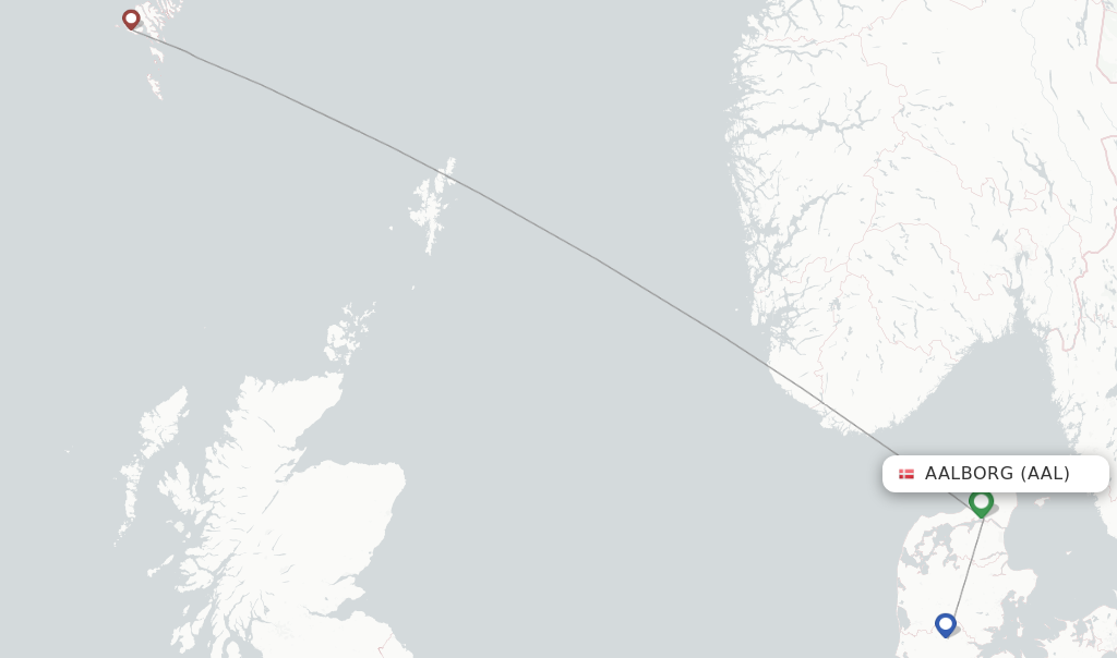 Route map with flights from Aalborg with Atlantic Airways