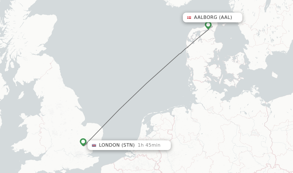 Flights from Aalborg to London route map