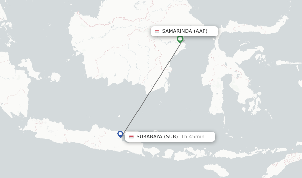 Flights from Surabaya to Samarinda route map