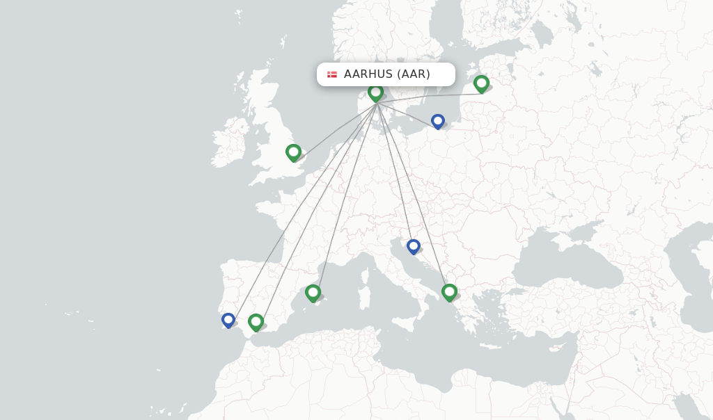 Route map with flights from Aarhus with Ryanair