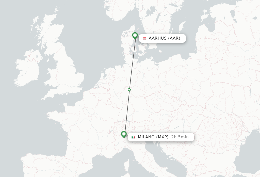 Flights from Aarhus to Milan route map