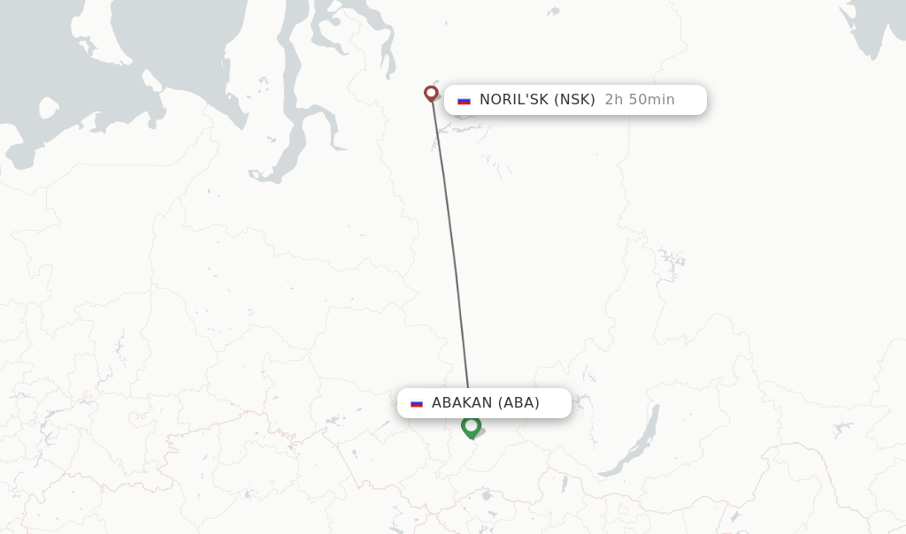 Flights from Abakan to Noril'sk route map