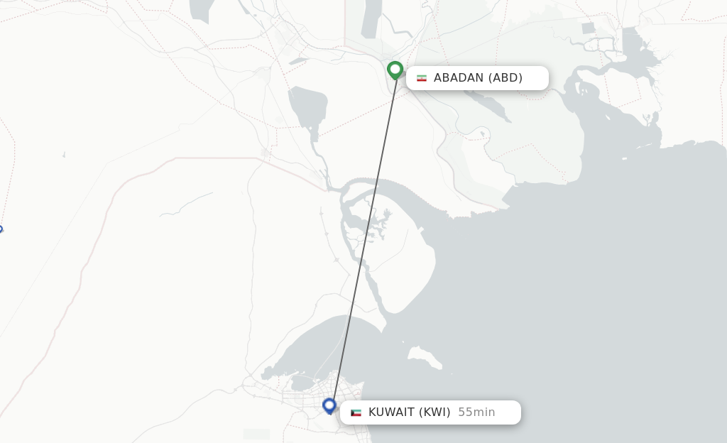 Flights from Abadan to Kuwait route map