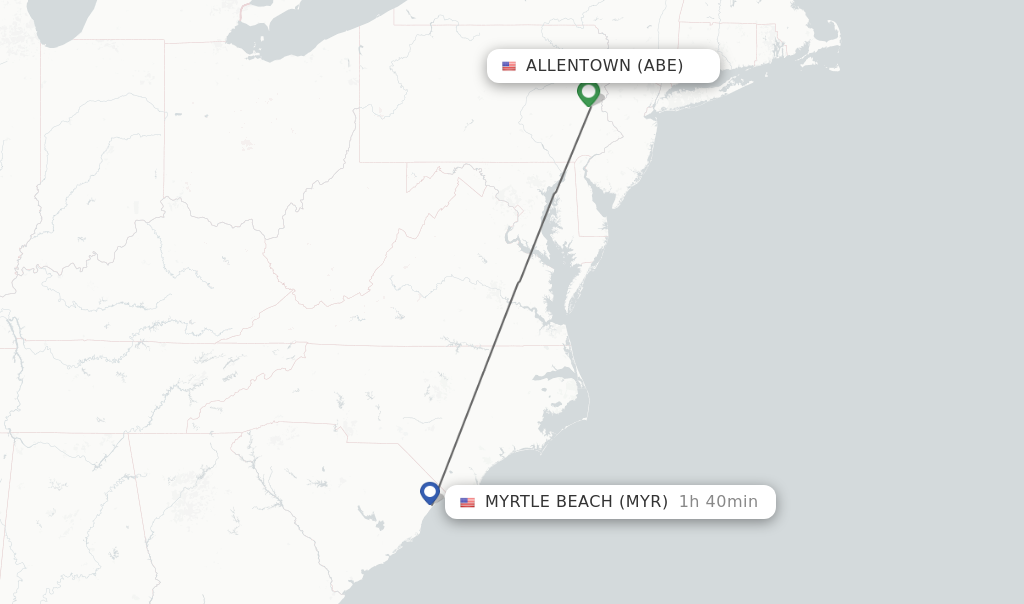 Flights from Allentown to Myrtle Beach route map