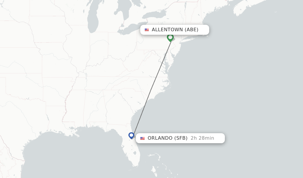 Flights from Allentown to Orlando route map