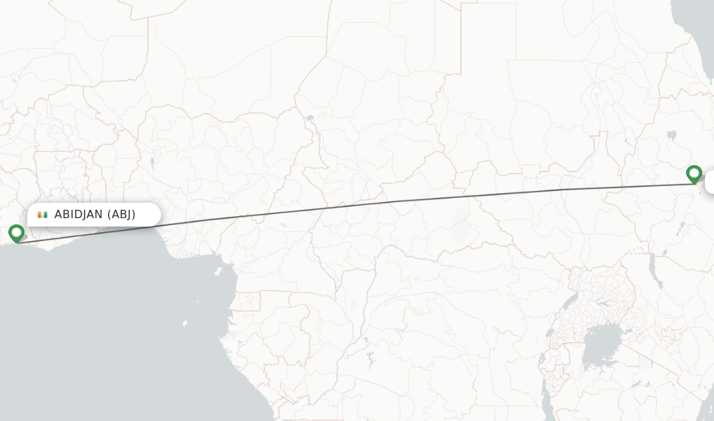 Flights from Abidjan to Addis Ababa route map
