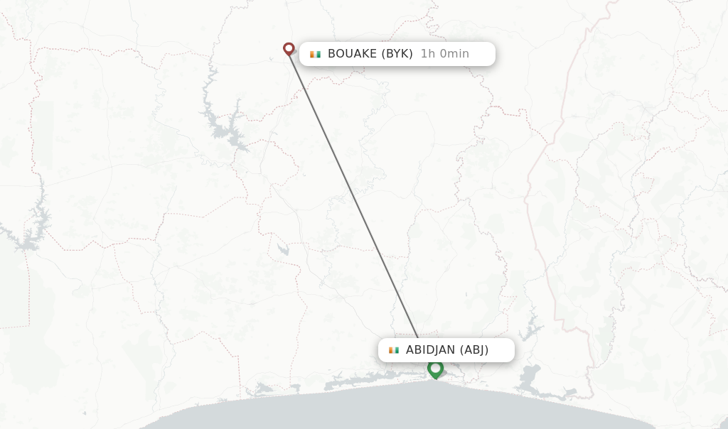 Flights from Abidjan to Bouake route map
