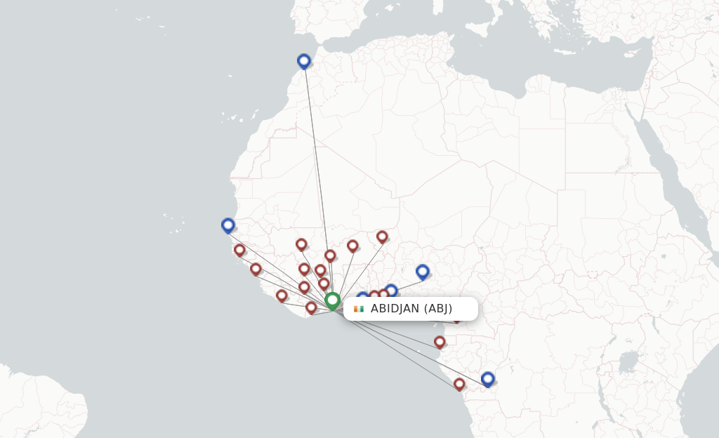 Route map with flights from Abidjan with Air Cote D'Ivoire