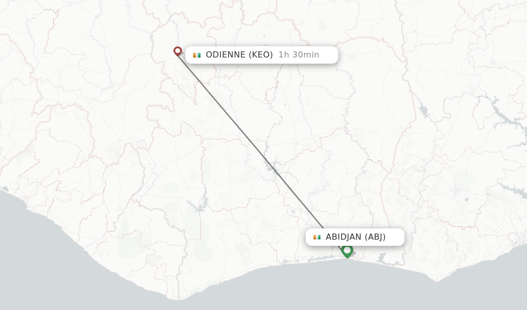 Flights from Abidjan to Odienne route map
