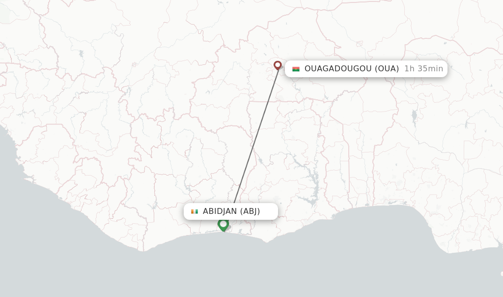 Flights from Abidjan to Ouagadougou route map