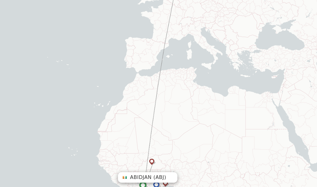 Route map with flights from Abidjan with Brussels Airlines