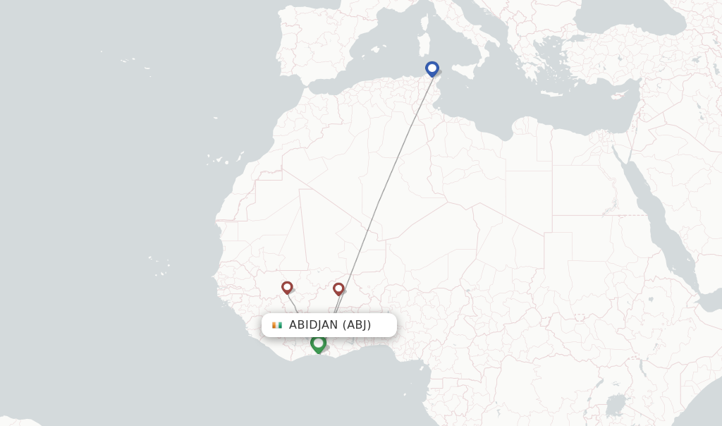 Route map with flights from Abidjan with Tunisair