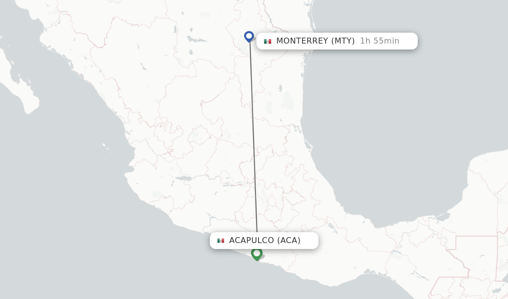 Flights from Acapulco to Monterrey route map