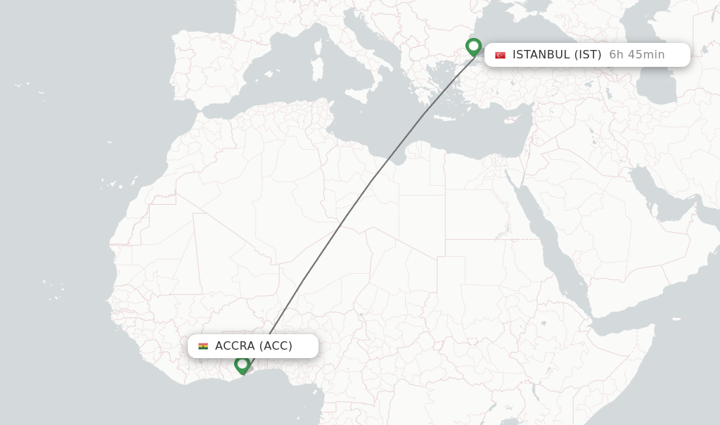 Flights from Accra to Istanbul route map