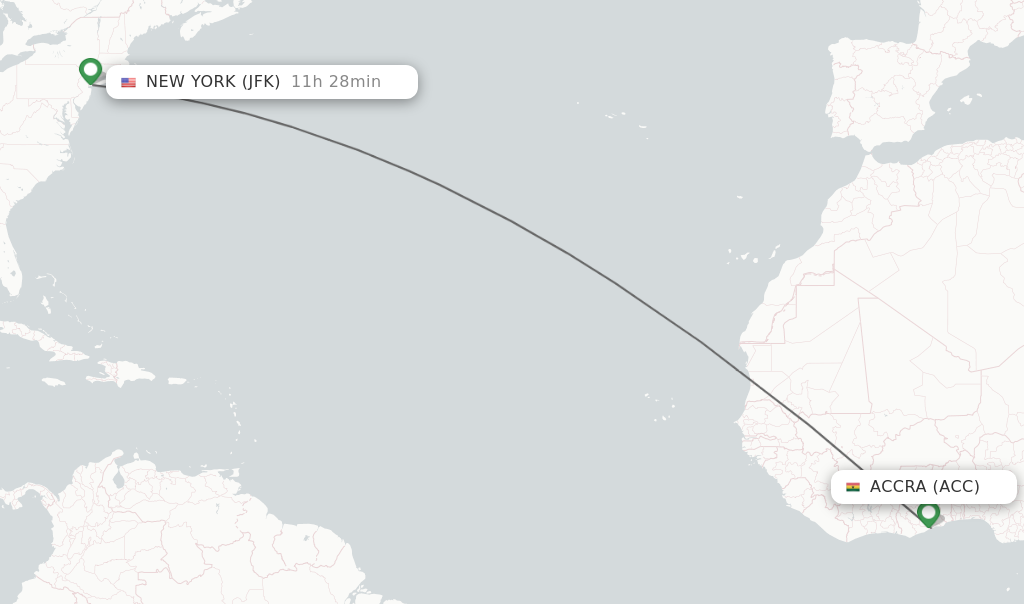 Flights from Accra to New York route map