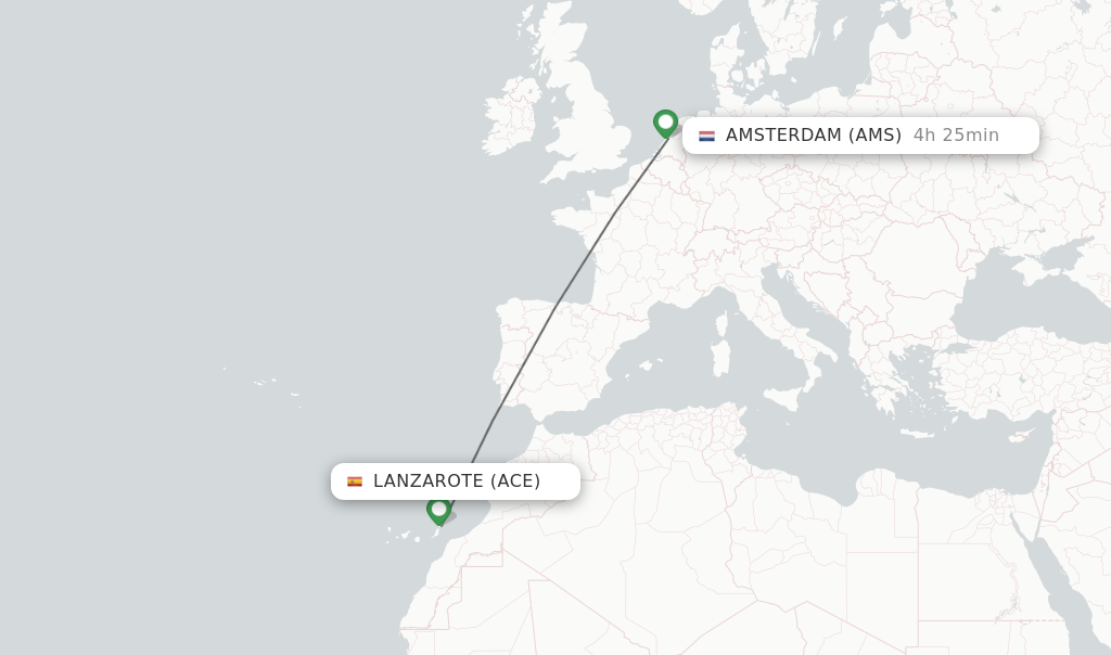 Flights from Lanzarote to Amsterdam route map