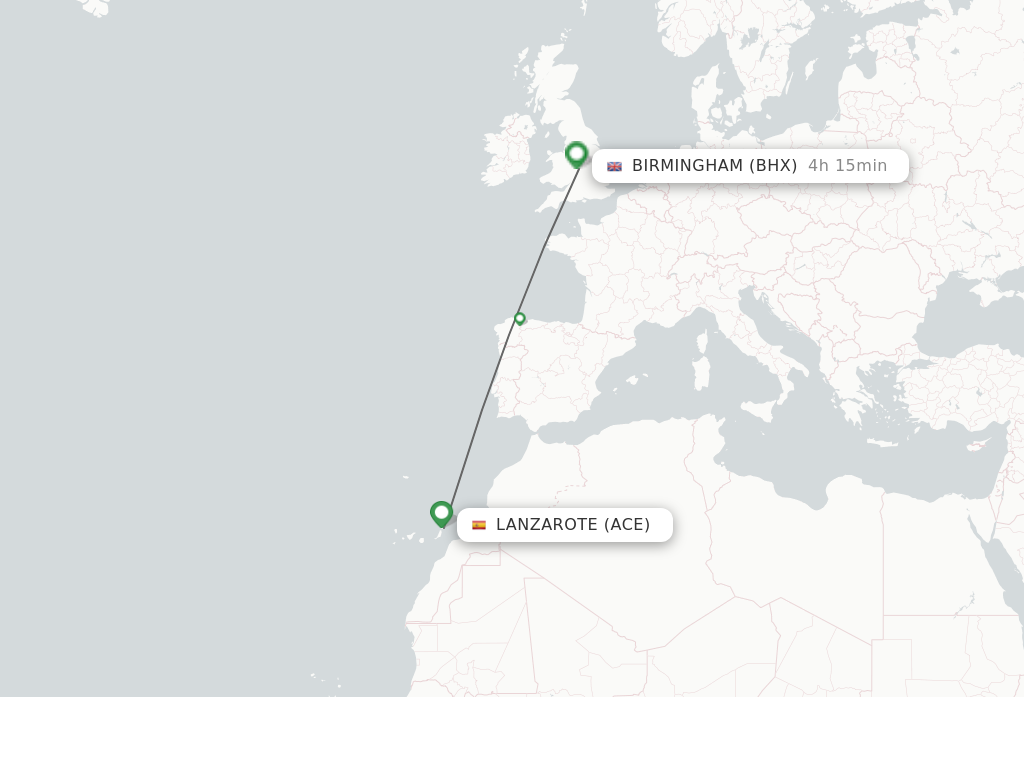 Flights from Lanzarote to Birmingham route map