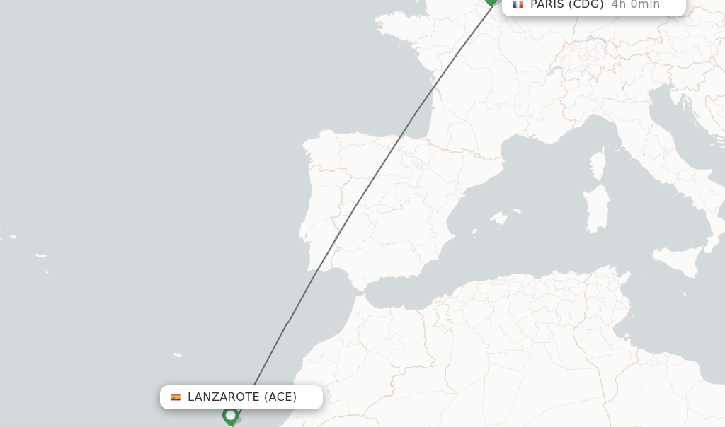 Flights from Lanzarote to Paris route map