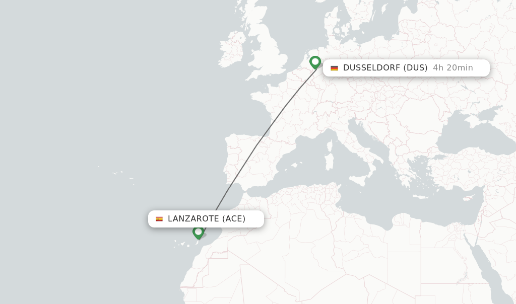 Flights from Lanzarote to Dusseldorf route map