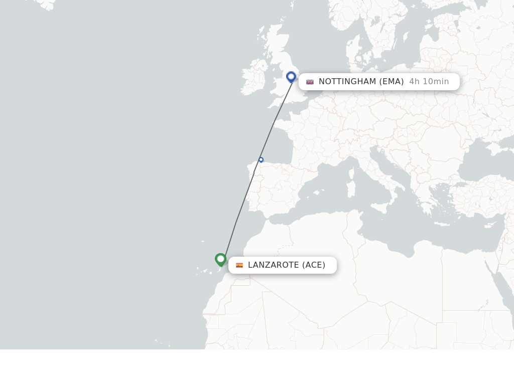 Flights from Lanzarote to Nottingham route map