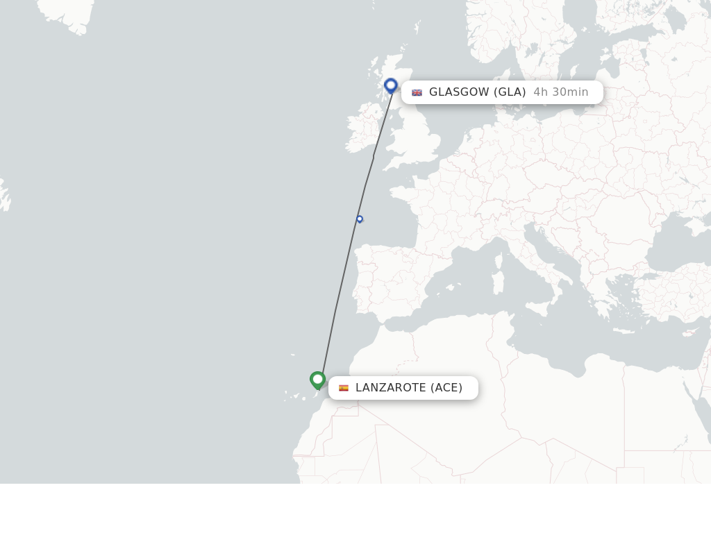 Flights from Lanzarote to Glasgow route map