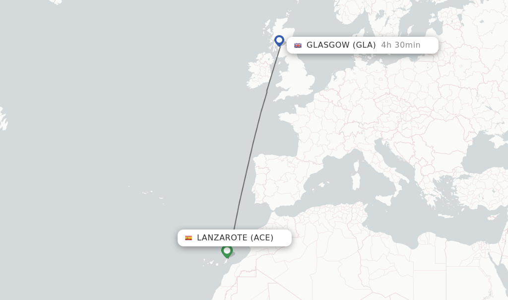 Flights from Lanzarote to Glasgow route map