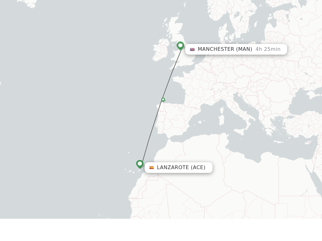 Flights from Lanzarote to Manchester route map