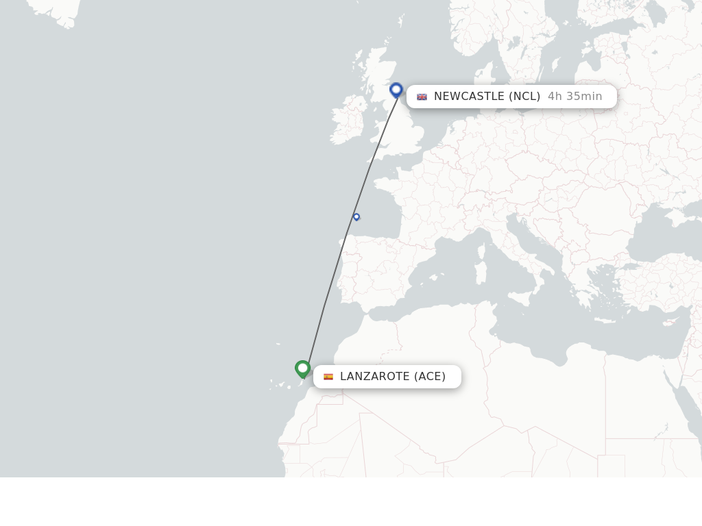 Flights from Lanzarote to Newcastle route map