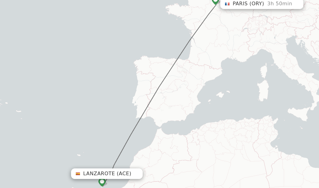 Flights from Lanzarote to Paris route map