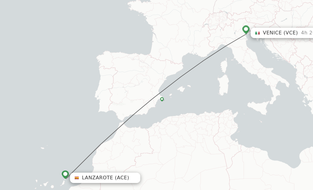 Flights from Lanzarote to Venice route map
