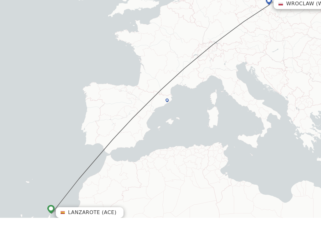 Flights from Lanzarote to Wroclaw route map
