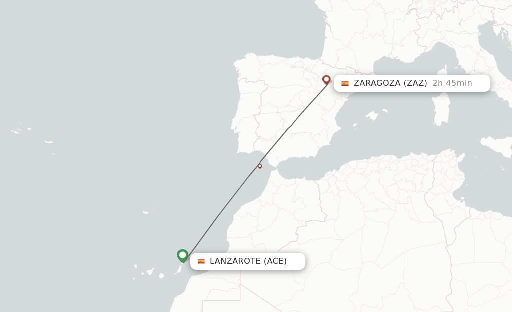 Flights from Lanzarote to Zaragoza route map