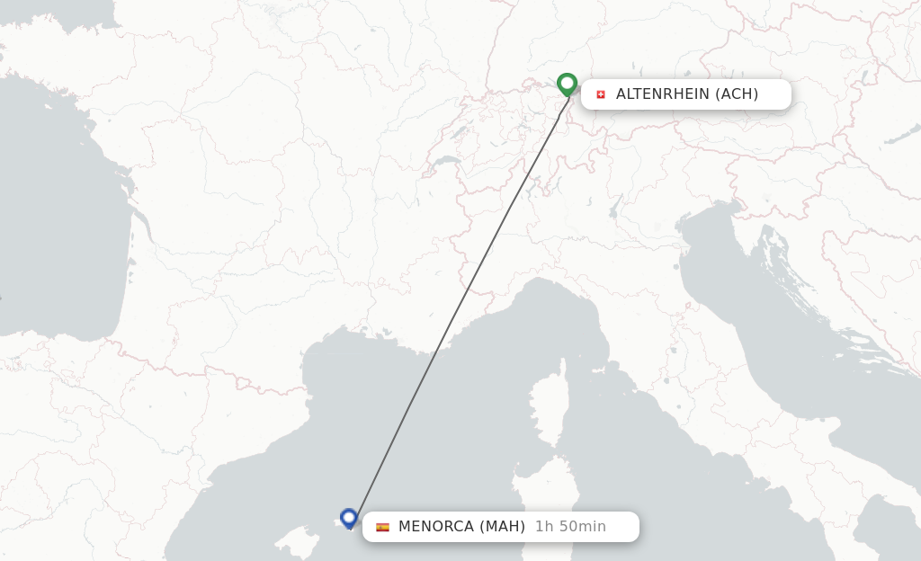 Flights from Altenrhein to Menorca route map