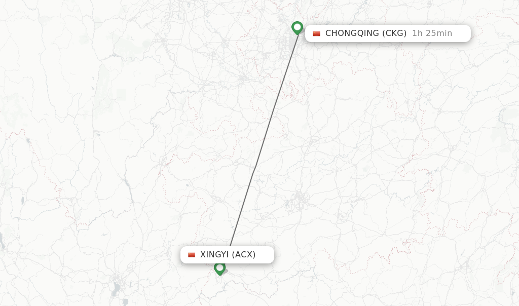 Flights from Xingyi to Chongqing route map