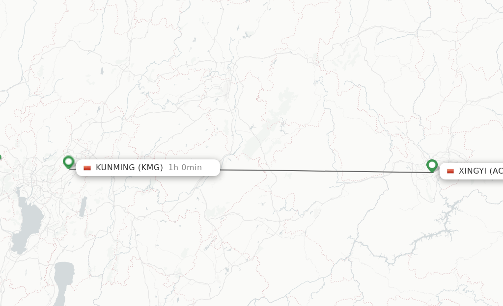 Flights from Xingyi to Kunming route map