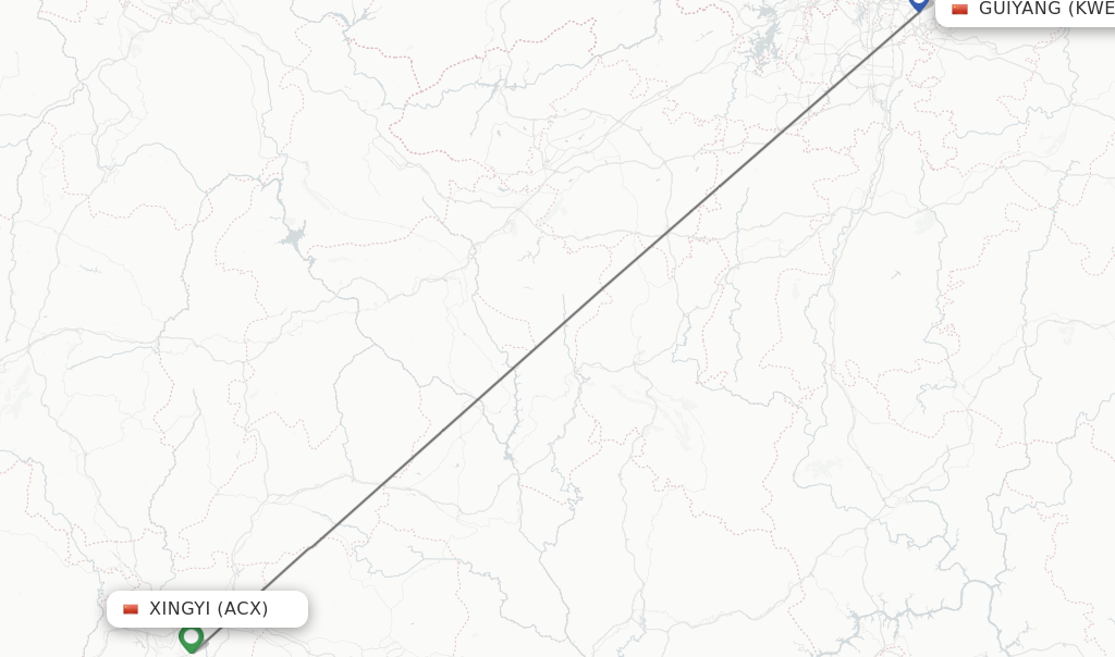 Flights from Xingyi to Guiyang route map