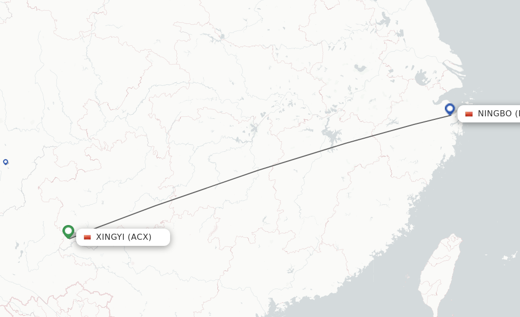 Flights from Xingyi to Ningbo route map