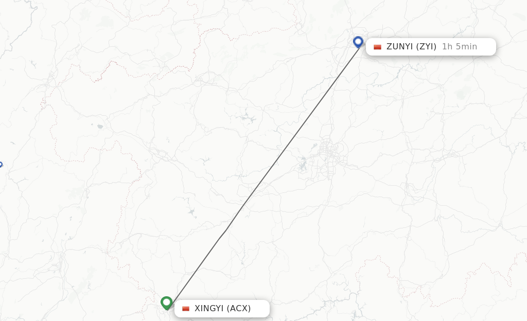 Flights from Xingyi to Zunyi route map