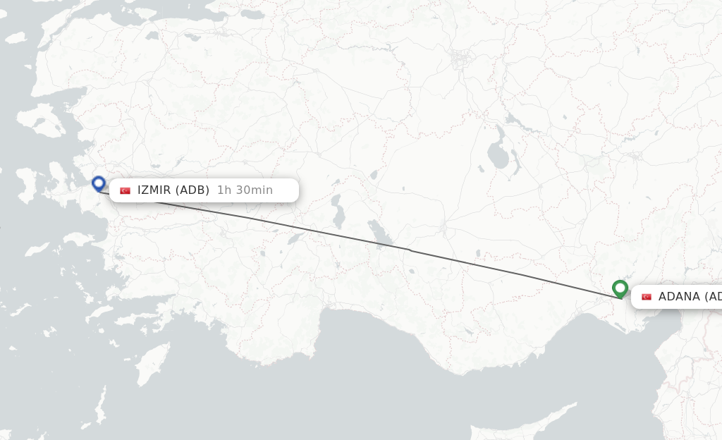 Flights from Adana to Izmir route map