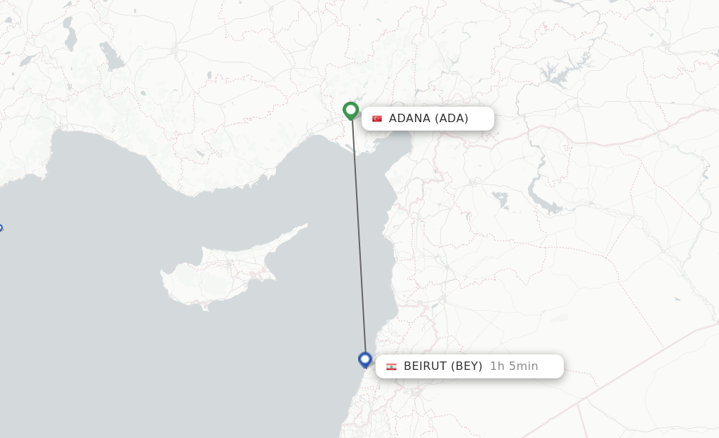 Flights from Adana to Beirut route map
