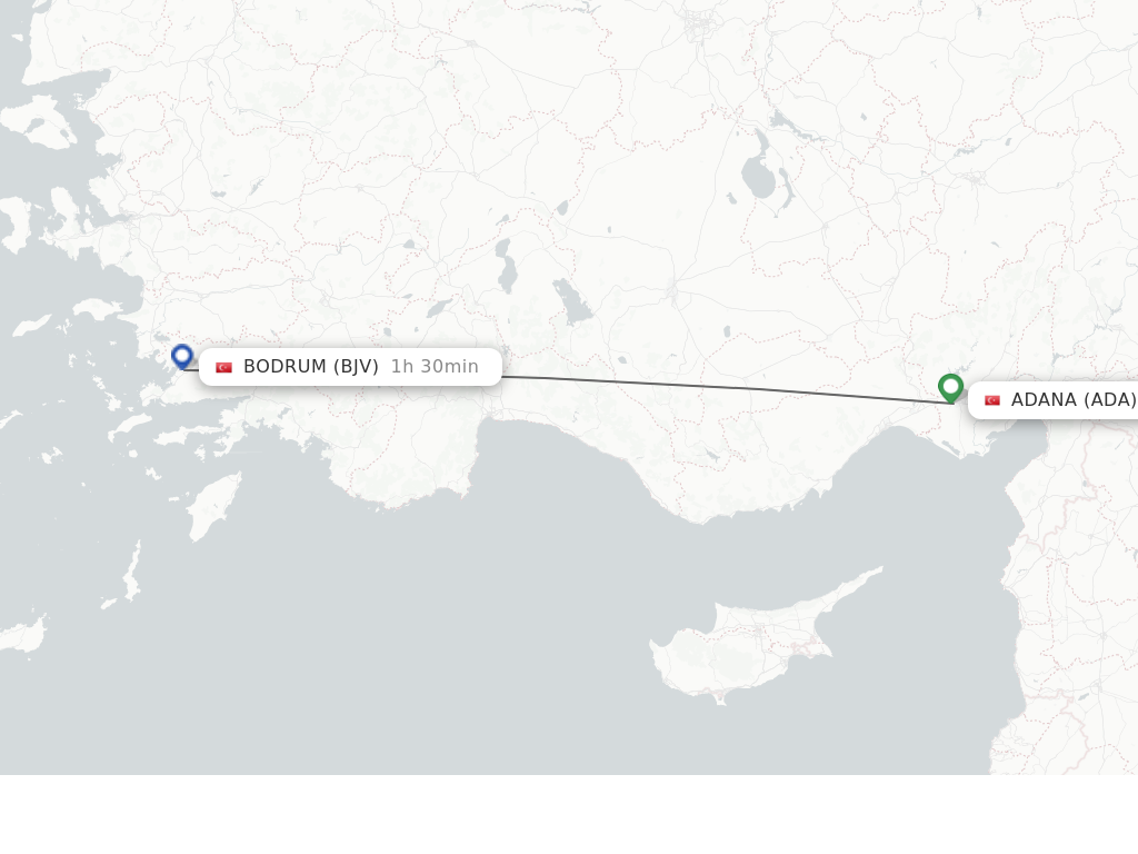 Flights from Adana to Bodrum route map