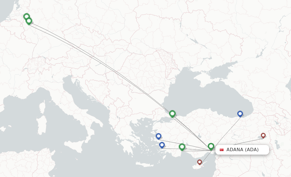 Route map with flights from Adana with Pegasus