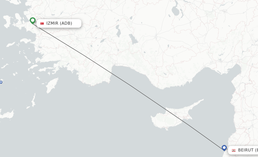 Flights from Izmir to Beirut route map