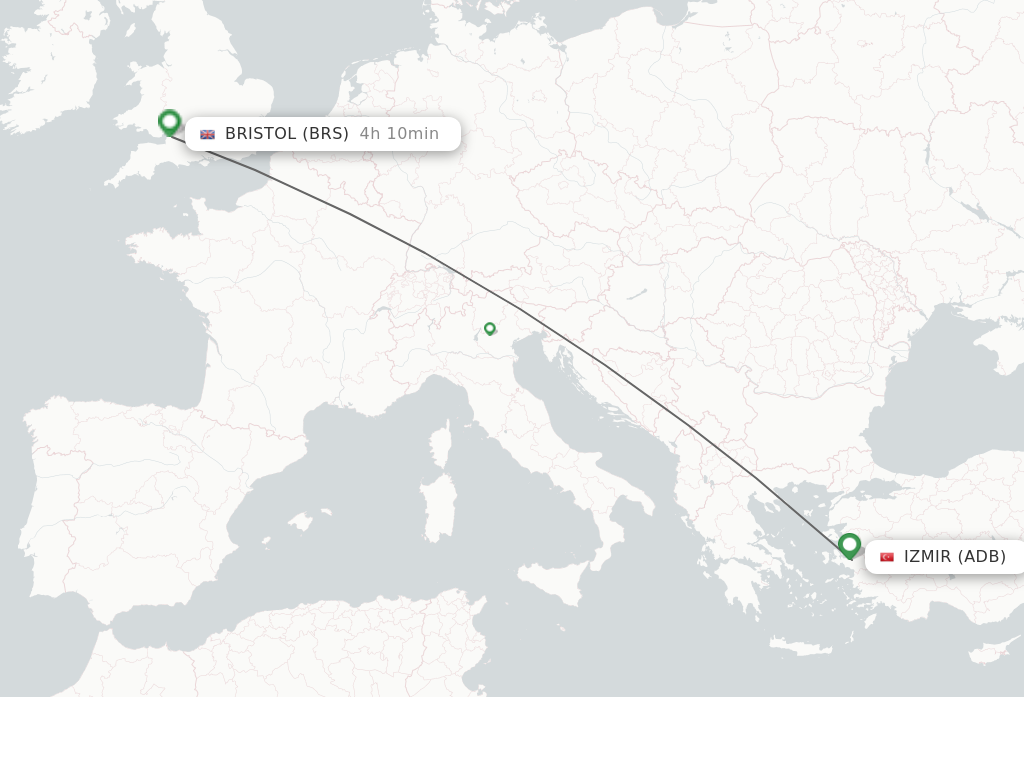 Flights from Izmir to Bristol route map