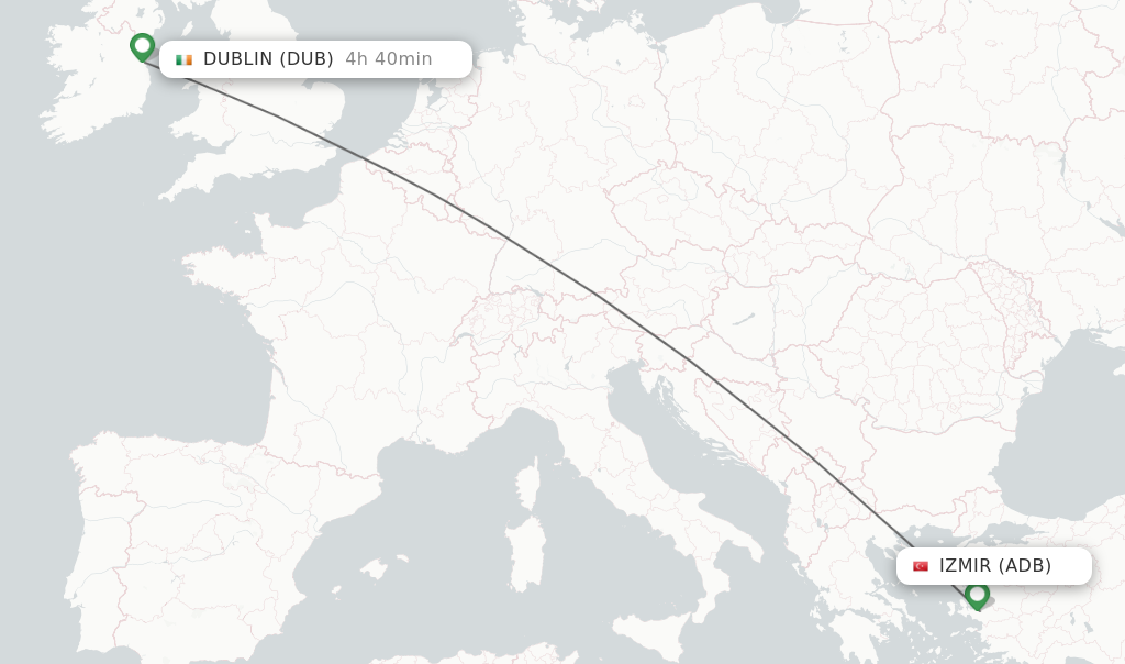 Flights from Izmir to Dublin route map