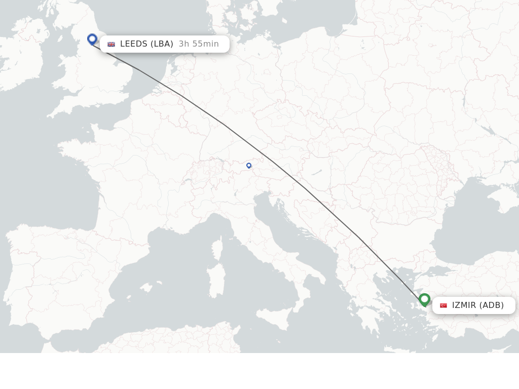 Flights from Izmir to Leeds route map