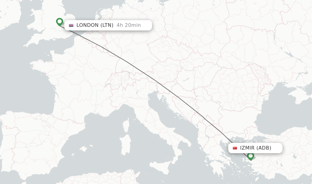Flights from Izmir to London route map